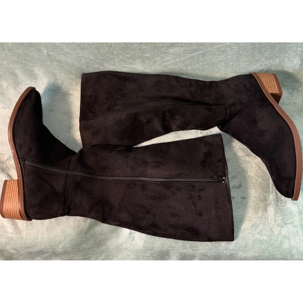 Unbranded Women Tall Riding Boots 39 Black Faux Suede Block Heel